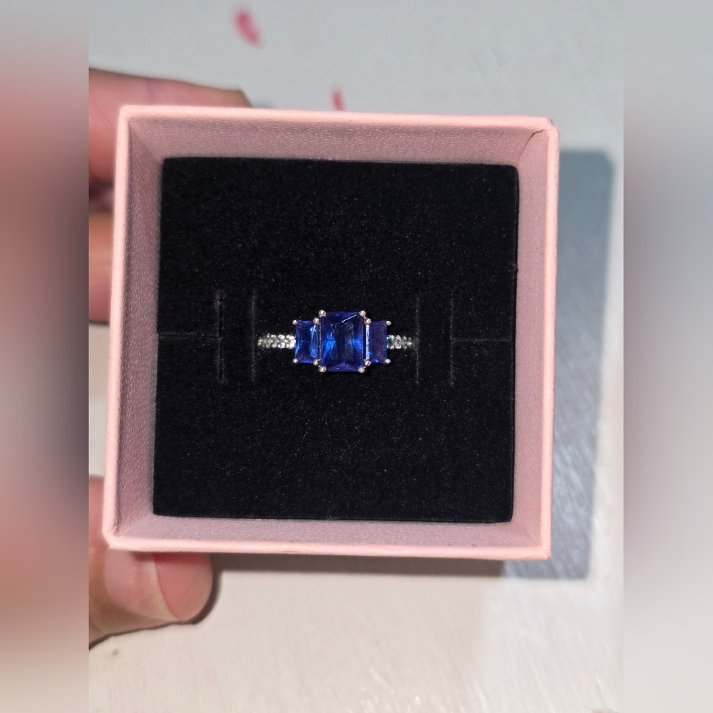 Pandora Blue Rectangular Three Stone Sparkling Ri… - image 1